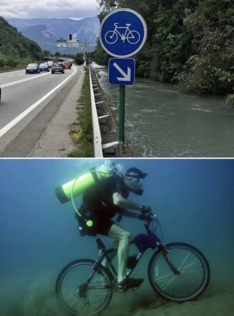 A two-panel image. The top photo shows a road sign for a bicycle lane with an arrow pointing diagonally downward, directly into a river running alongside the road. The bottom photo shows a scuba diver in full gear riding a bicycle underwater.